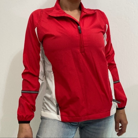 New Balance Women's M Red Colorblock Half Zip Windbreaker Jacket Collared - Picture 1 of 9
